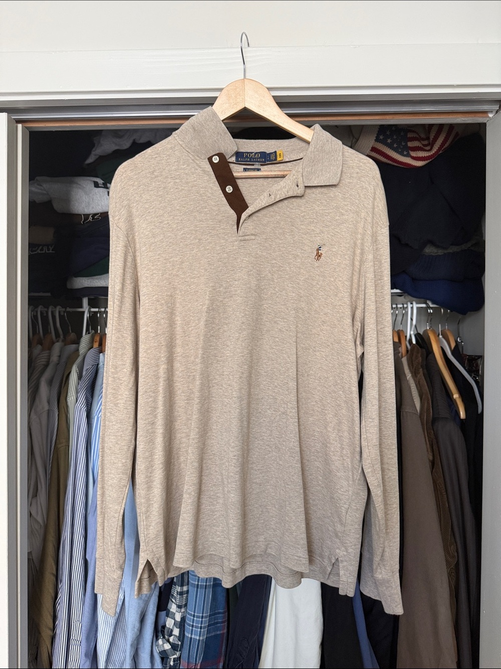 Ralph Lauren Men's Beige Long-Sleeve soft cotton Polo